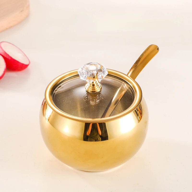 Luxury Condiment Serving Pots Stainless Steel with Lid & Spoon