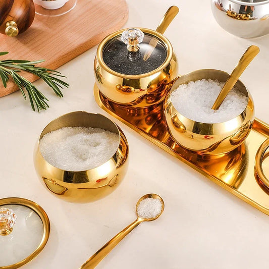 Luxury Condiment Serving Pots Stainless Steel with Lid & Spoon